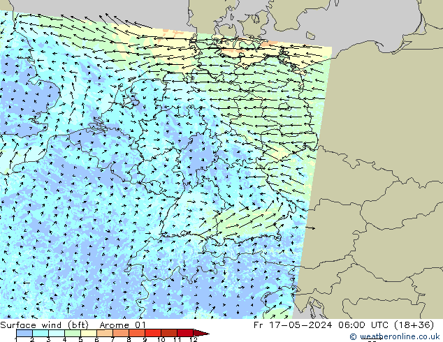 Surface wind (bft) Arome 01 Fr 17.05.2024 06 UTC
