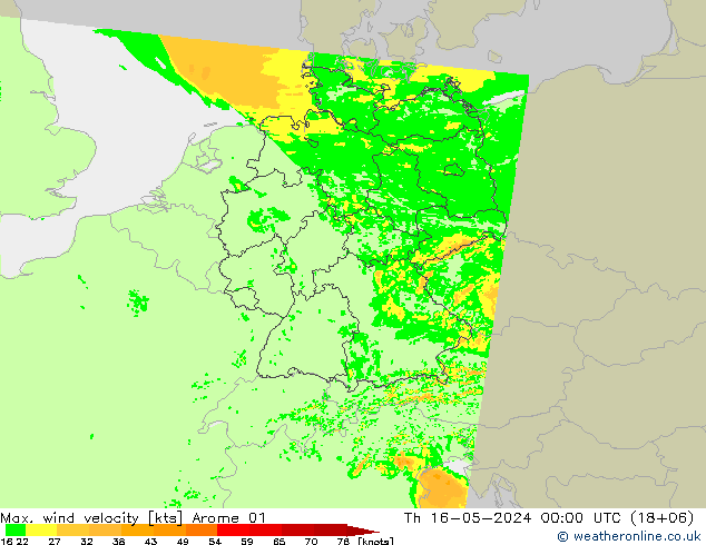 Max. wind velocity Arome 01 Qui 16.05.2024 00 UTC