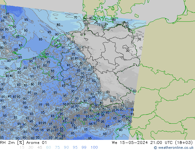 RH 2m Arome 01 星期三 15.05.2024 21 UTC