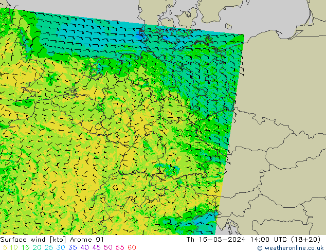 Wind 10 m Arome 01 do 16.05.2024 14 UTC