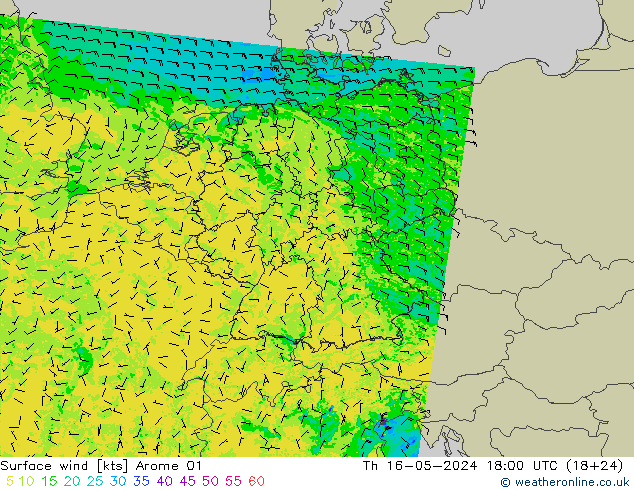Vento 10 m Arome 01 gio 16.05.2024 18 UTC