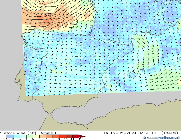 Surface wind (bft) Arome 01 Čt 16.05.2024 03 UTC