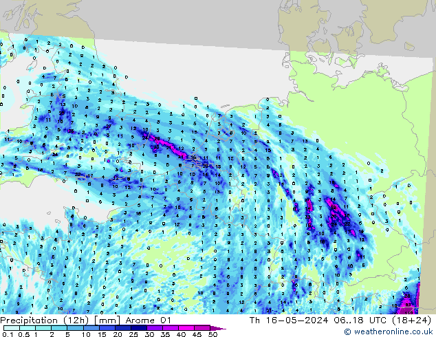 Totale neerslag (12h) Arome 01 do 16.05.2024 18 UTC