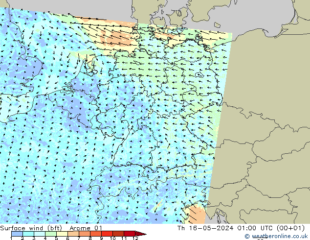 Vento 10 m (bft) Arome 01 gio 16.05.2024 01 UTC