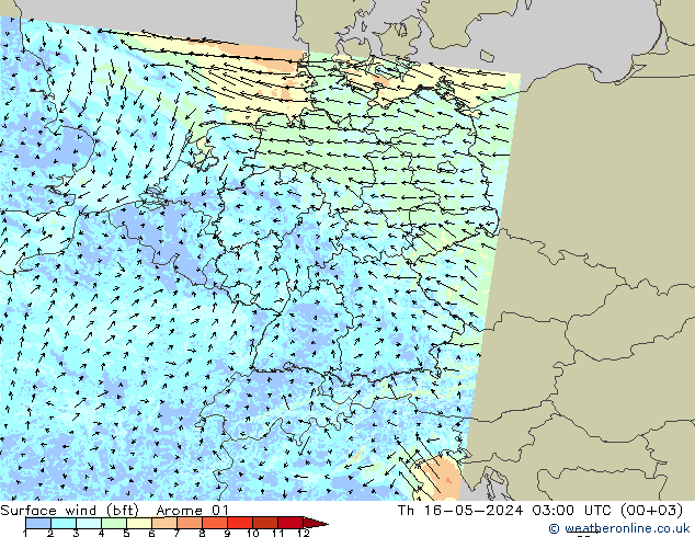 Wind 10 m (bft) Arome 01 do 16.05.2024 03 UTC