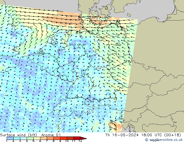 Surface wind (bft) Arome 01 Th 16.05.2024 18 UTC