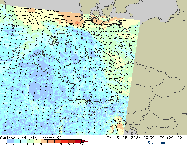 Rüzgar 10 m (bft) Arome 01 Per 16.05.2024 20 UTC