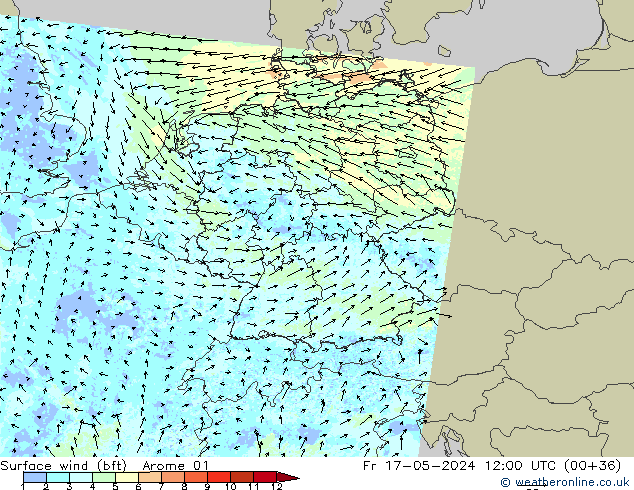 Wind 10 m (bft) Arome 01 vr 17.05.2024 12 UTC