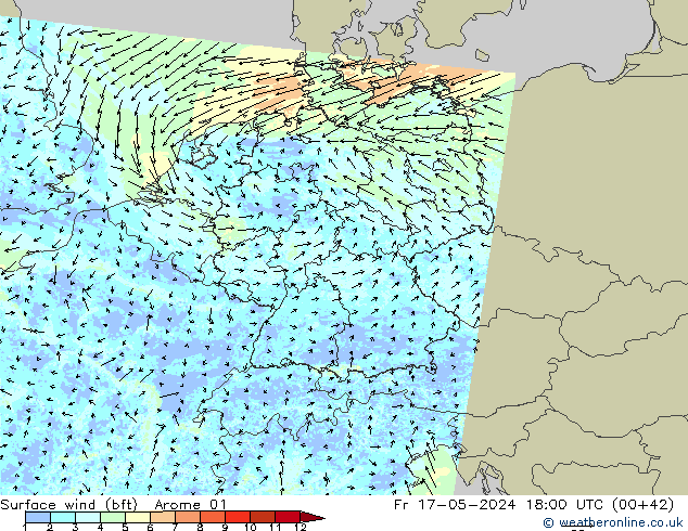 Rüzgar 10 m (bft) Arome 01 Cu 17.05.2024 18 UTC