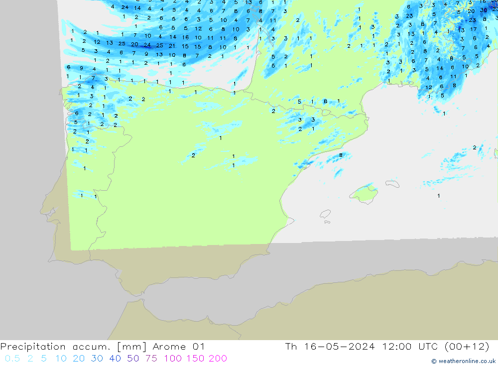 Precipitation accum. Arome 01 Th 16.05.2024 12 UTC