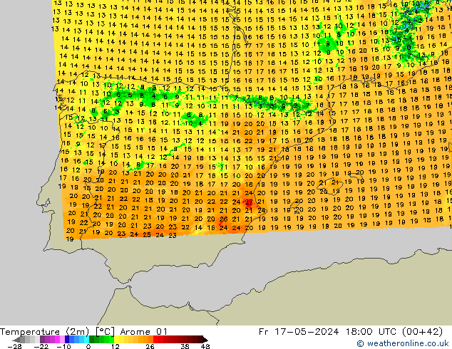 température (2m) Arome 01 ven 17.05.2024 18 UTC
