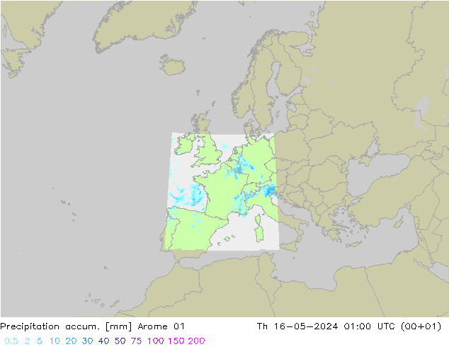 Totale neerslag Arome 01 do 16.05.2024 01 UTC