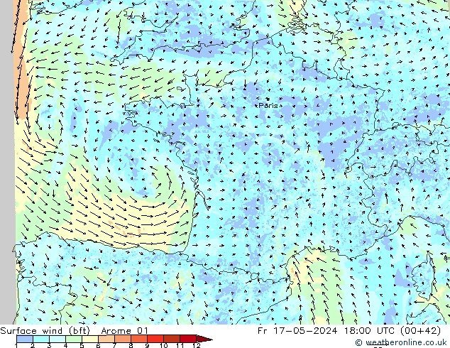 Surface wind (bft) Arome 01 Fr 17.05.2024 18 UTC