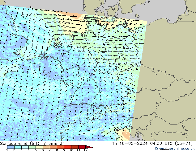 Wind 10 m (bft) Arome 01 do 16.05.2024 04 UTC