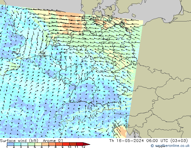 �N 10 米 (bft) Arome 01 星期四 16.05.2024 06 UTC