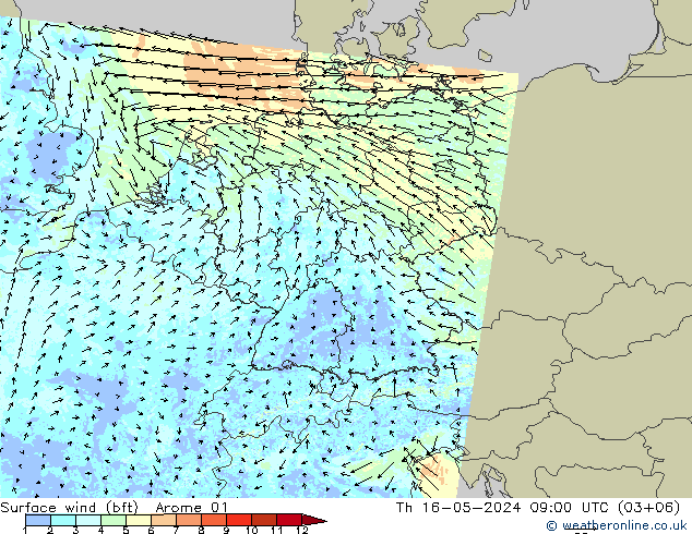 wiatr 10 m (bft) Arome 01 czw. 16.05.2024 09 UTC