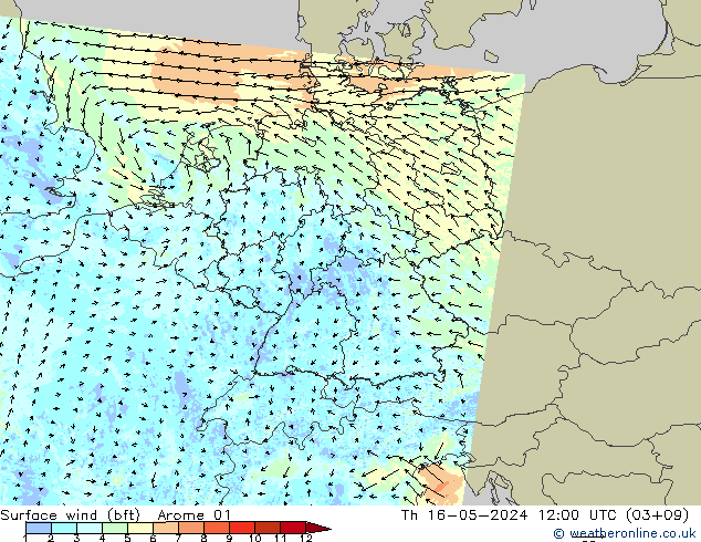 Surface wind (bft) Arome 01 Čt 16.05.2024 12 UTC