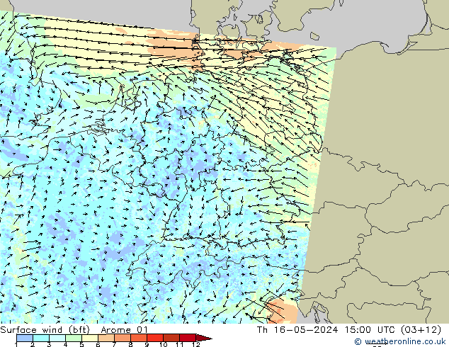 Surface wind (bft) Arome 01 Th 16.05.2024 15 UTC