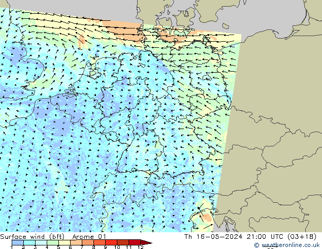 Rüzgar 10 m (bft) Arome 01 Per 16.05.2024 21 UTC