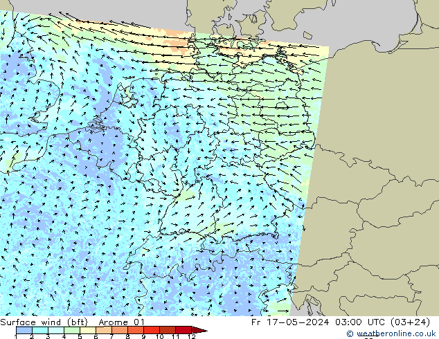 Surface wind (bft) Arome 01 Fr 17.05.2024 03 UTC