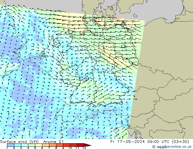 Vento 10 m (bft) Arome 01 Sex 17.05.2024 09 UTC