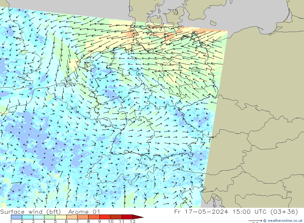 Surface wind (bft) Arome 01 Fr 17.05.2024 15 UTC