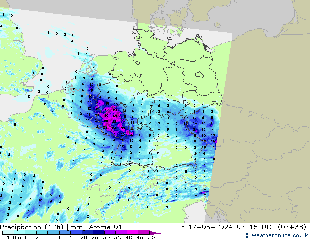 Precipitación (12h) Arome 01 vie 17.05.2024 15 UTC
