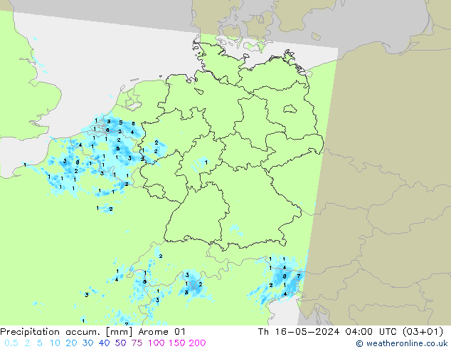 Precipitation accum. Arome 01 Th 16.05.2024 04 UTC