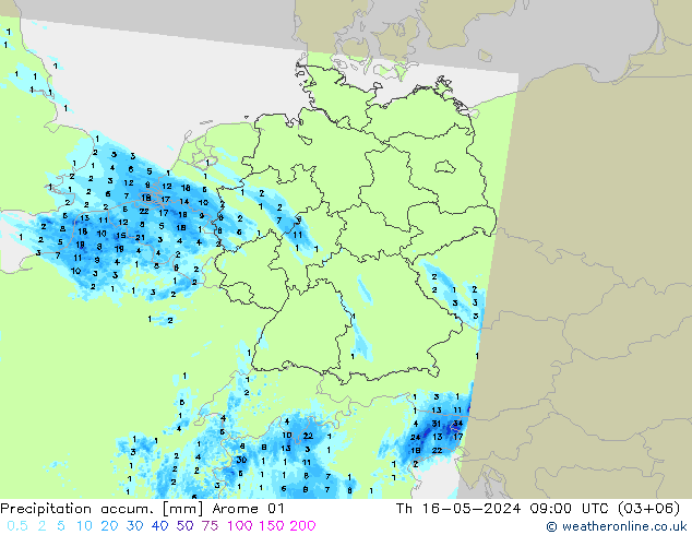 Precipitation accum. Arome 01 чт 16.05.2024 09 UTC