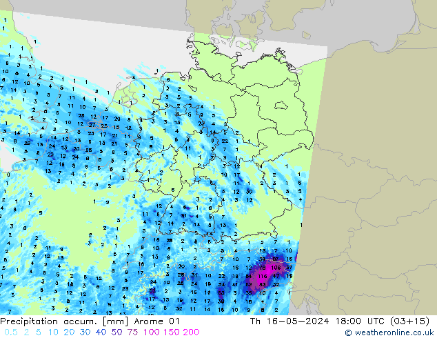 Precipitation accum. Arome 01 Th 16.05.2024 18 UTC