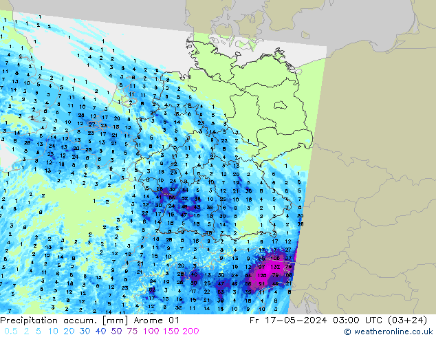 Totale neerslag Arome 01 vr 17.05.2024 03 UTC