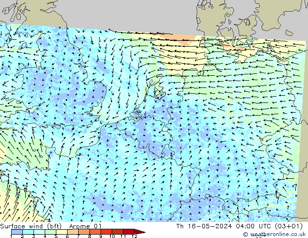 Surface wind (bft) Arome 01 Th 16.05.2024 04 UTC