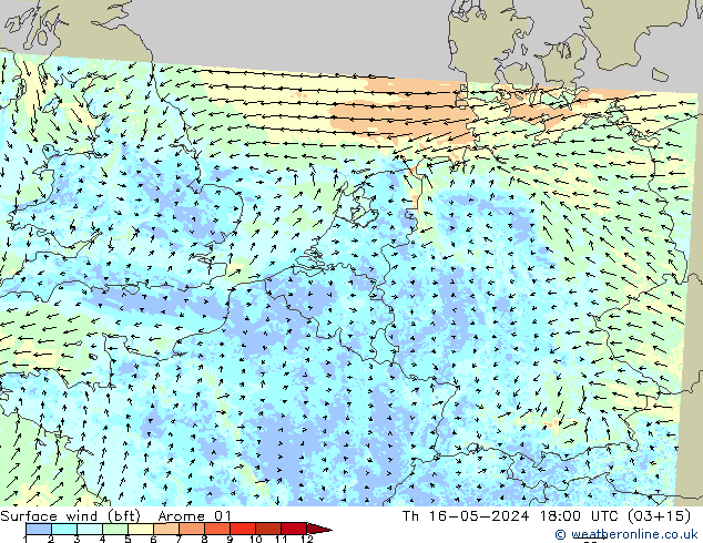 Rüzgar 10 m (bft) Arome 01 Per 16.05.2024 18 UTC