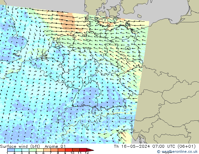 Surface wind (bft) Arome 01 Th 16.05.2024 07 UTC