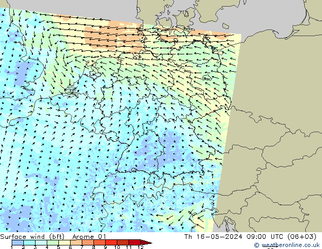 Wind 10 m (bft) Arome 01 do 16.05.2024 09 UTC