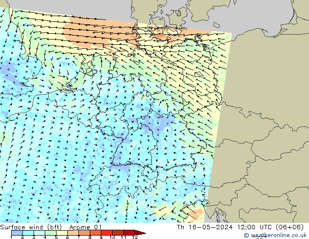 Wind 10 m (bft) Arome 01 do 16.05.2024 12 UTC