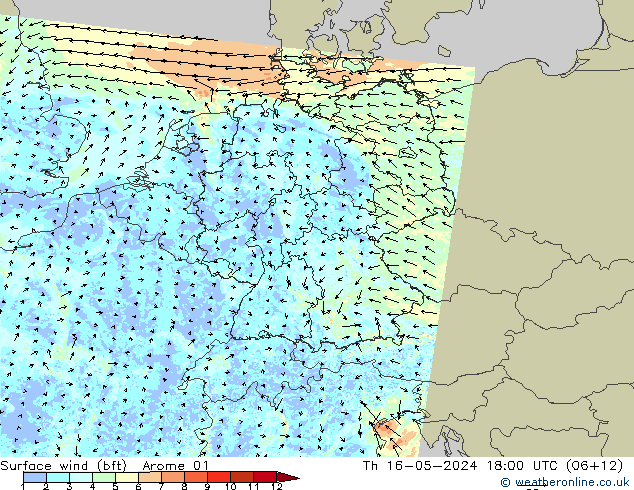 �N 10 米 (bft) Arome 01 星期四 16.05.2024 18 UTC