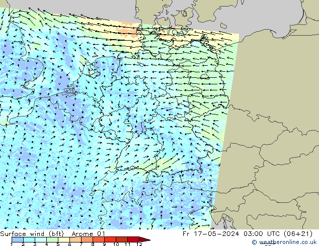 Surface wind (bft) Arome 01 Pá 17.05.2024 03 UTC