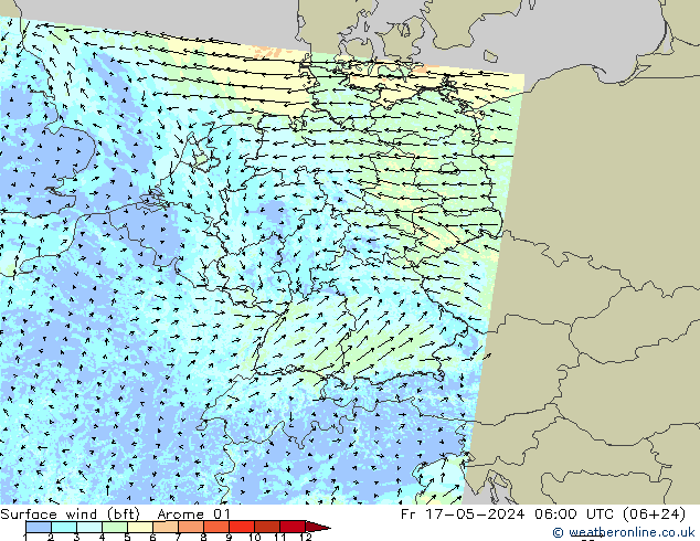 Surface wind (bft) Arome 01 Pá 17.05.2024 06 UTC