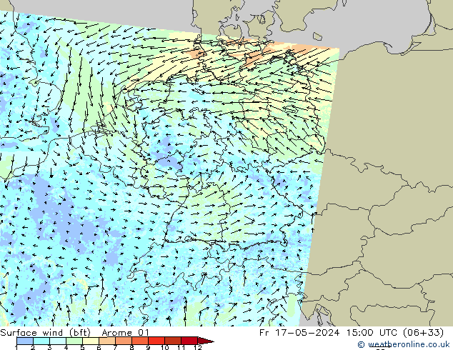 Wind 10 m (bft) Arome 01 vr 17.05.2024 15 UTC