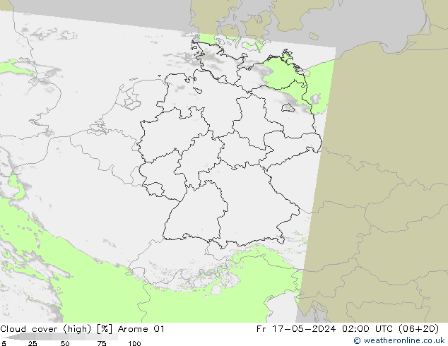 Cloud cover (high) Arome 01 Fr 17.05.2024 02 UTC
