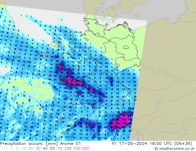 Precipitation accum. Arome 01 пт 17.05.2024 18 UTC
