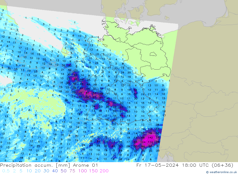 Precipitation accum. Arome 01 Pá 17.05.2024 18 UTC