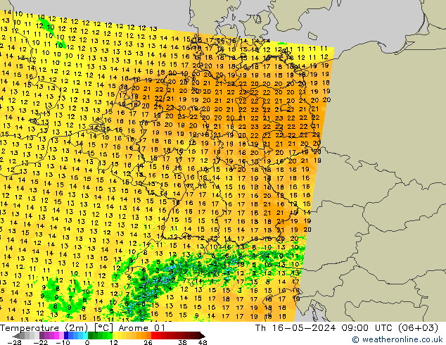 Temperaturkarte (2m) Arome 01 Do 16.05.2024 09 UTC
