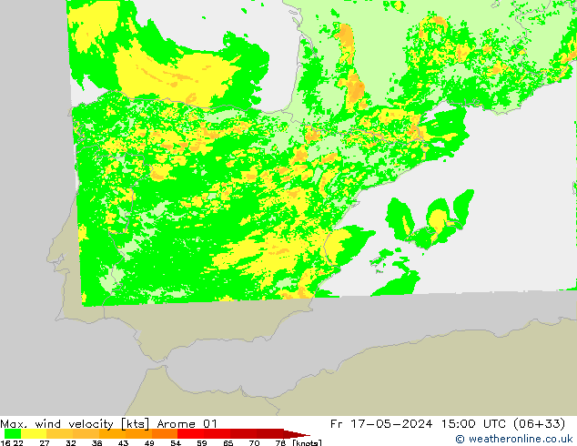 Max. wind velocity Arome 01 Pá 17.05.2024 15 UTC