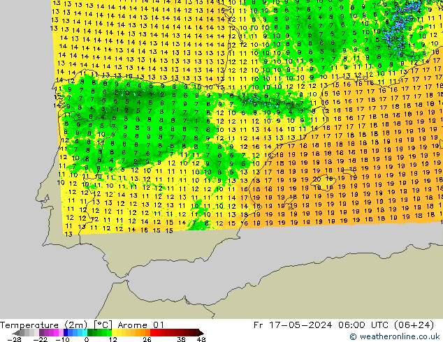 карта температуры Arome 01 пт 17.05.2024 06 UTC