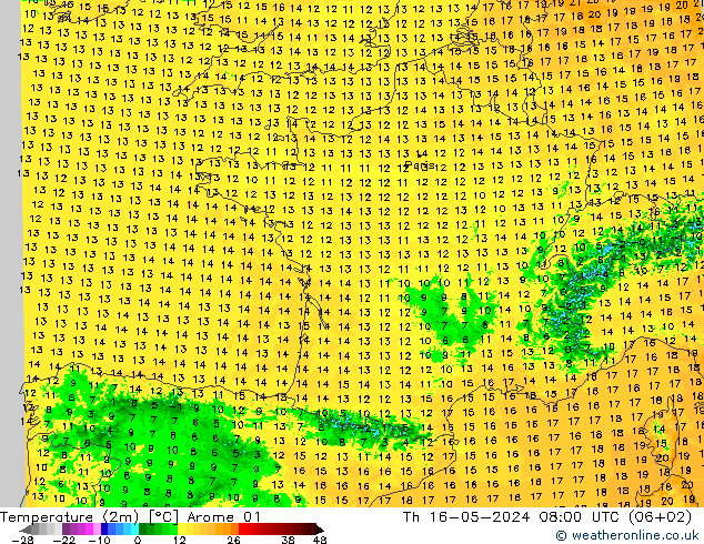 Temperatuurkaart (2m) Arome 01 do 16.05.2024 08 UTC