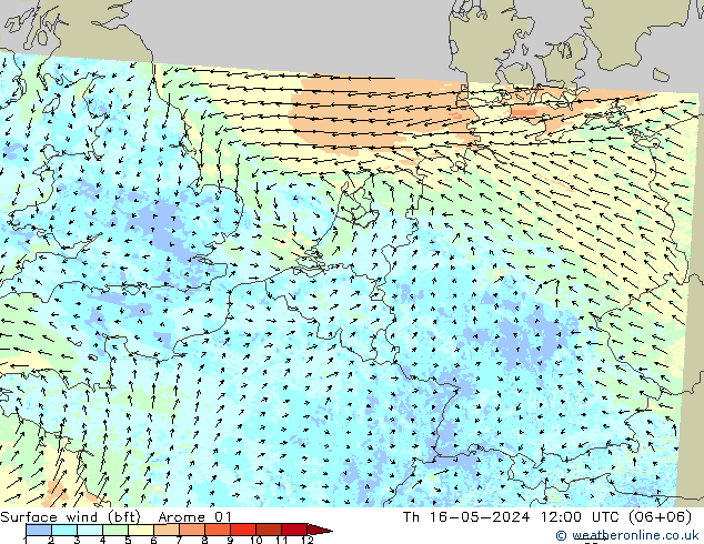 Surface wind (bft) Arome 01 Th 16.05.2024 12 UTC