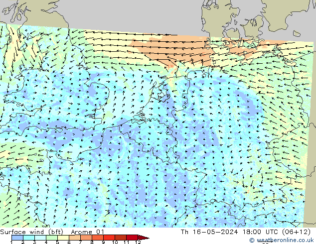 Bodenwind (bft) Arome 01 Do 16.05.2024 18 UTC