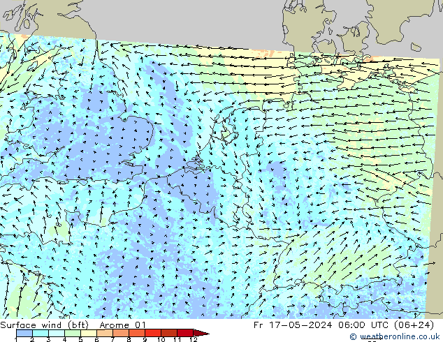 Surface wind (bft) Arome 01 Fr 17.05.2024 06 UTC